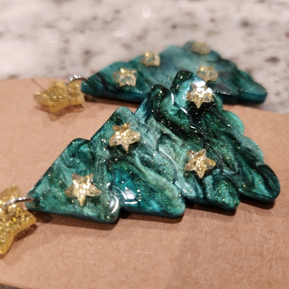3D Christmas Tree Earrings with Gold Sparkles - Picture 2 of 2